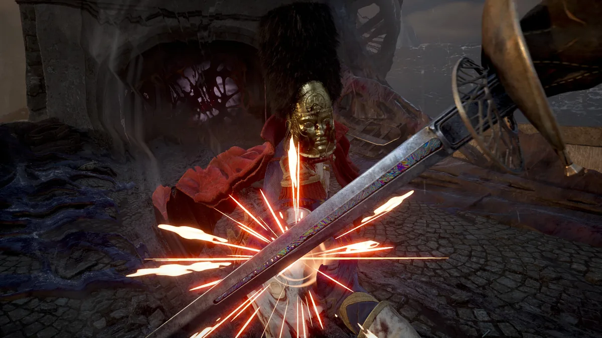 A saber catches bright sparks against a helmeted opponent during a close melee clash in a ruined street.