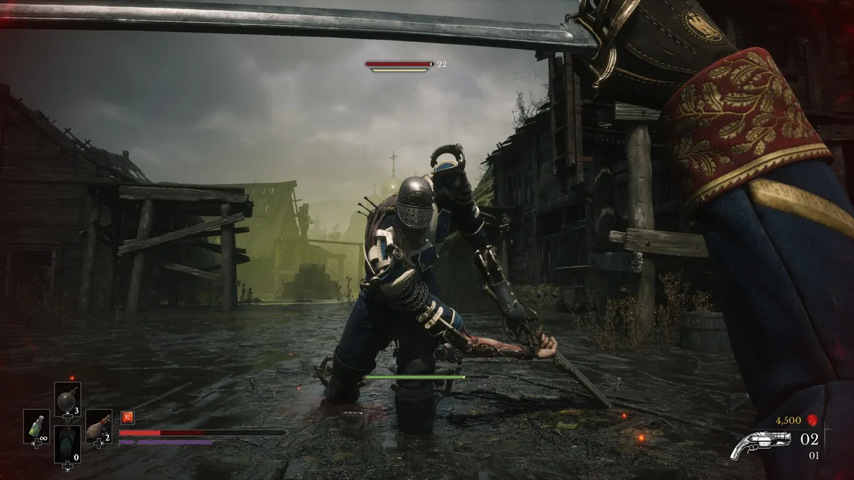 A soldier faces an armored opponent in a muddy street, with pistol ammunition shown on the HUD.