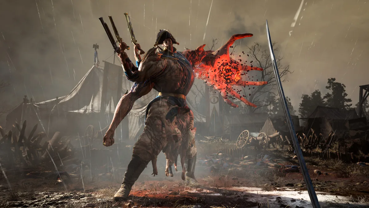 A hulking mutated enemy raises a glowing red growth on a battlefield