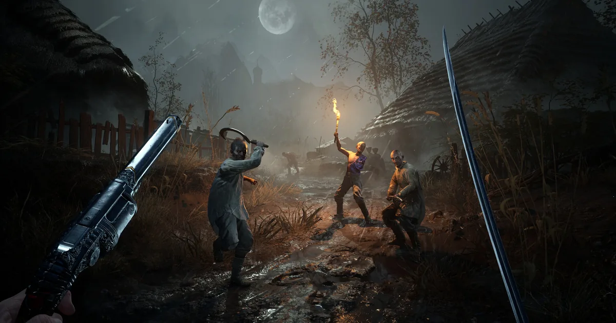A first-person sword and pistol face soldiers on a moonlit village road