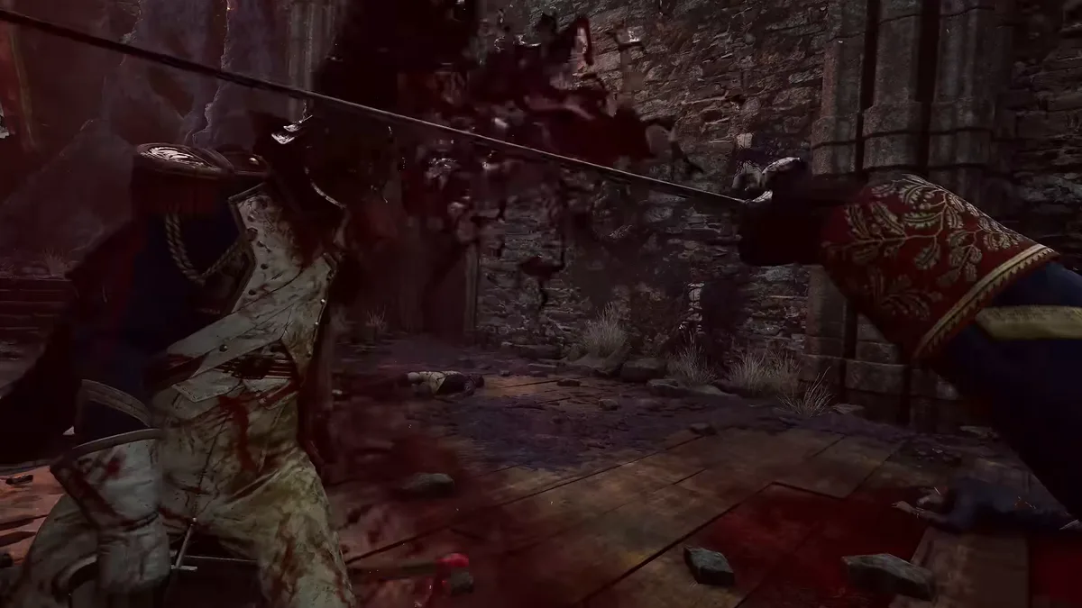 A sword driven into a soldier in a white and red uniform, blood spraying across a stone floor
