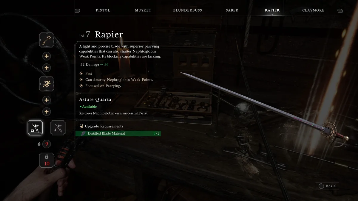 Rapier upgrade screen shows a level seven blade, parry-focused text, and a Distilled Blade Material requirement.