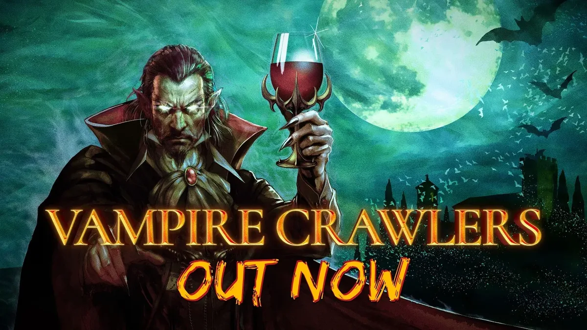 Vampire Crawlers character selection screen showing five character types with distinct card archetypes and dungeon floor depth indicator
