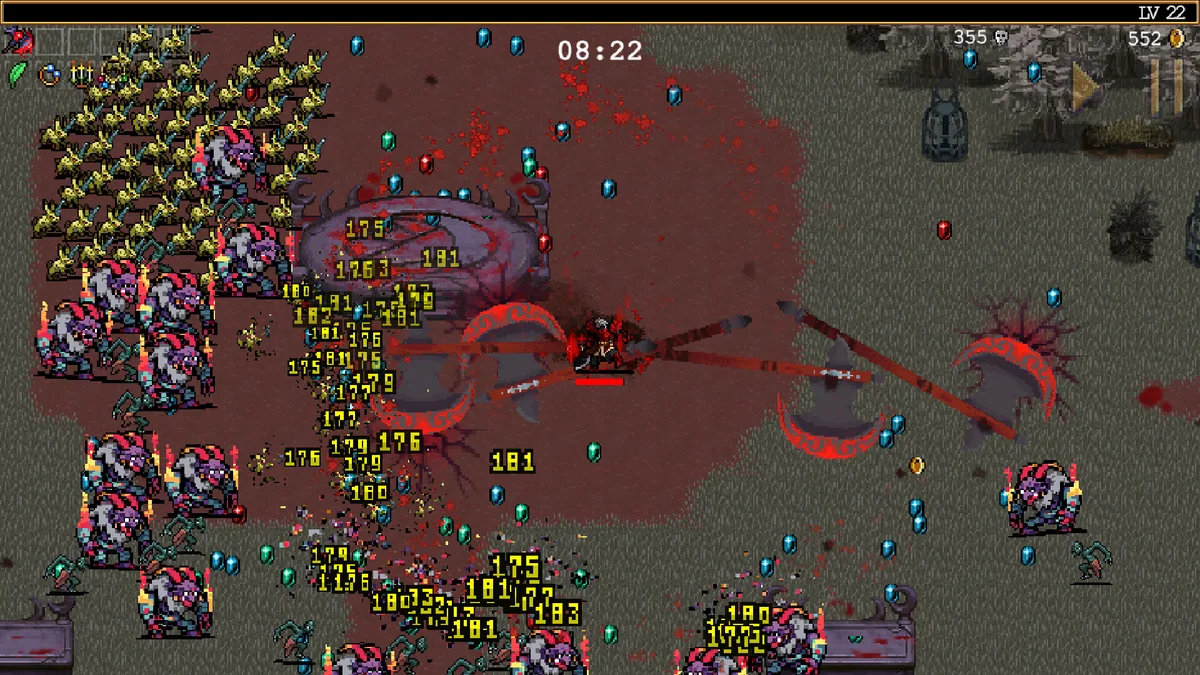 A Vampire Survivors character wields curved blade weapons against a horde of purple demonic enemies near a stone ritual altar in Legacy of the Bloodmoon