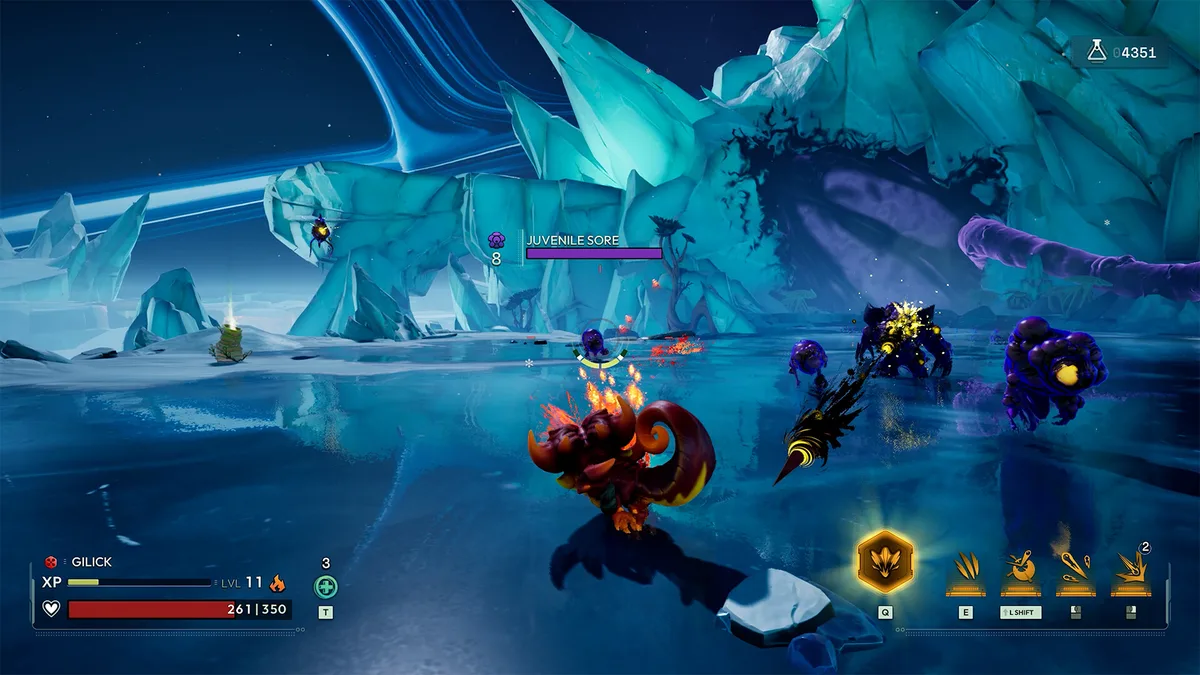 Gilick Voidling in a cryo ice zone, fire-flame body glowing against frozen crystal terrain during an enemy encounter