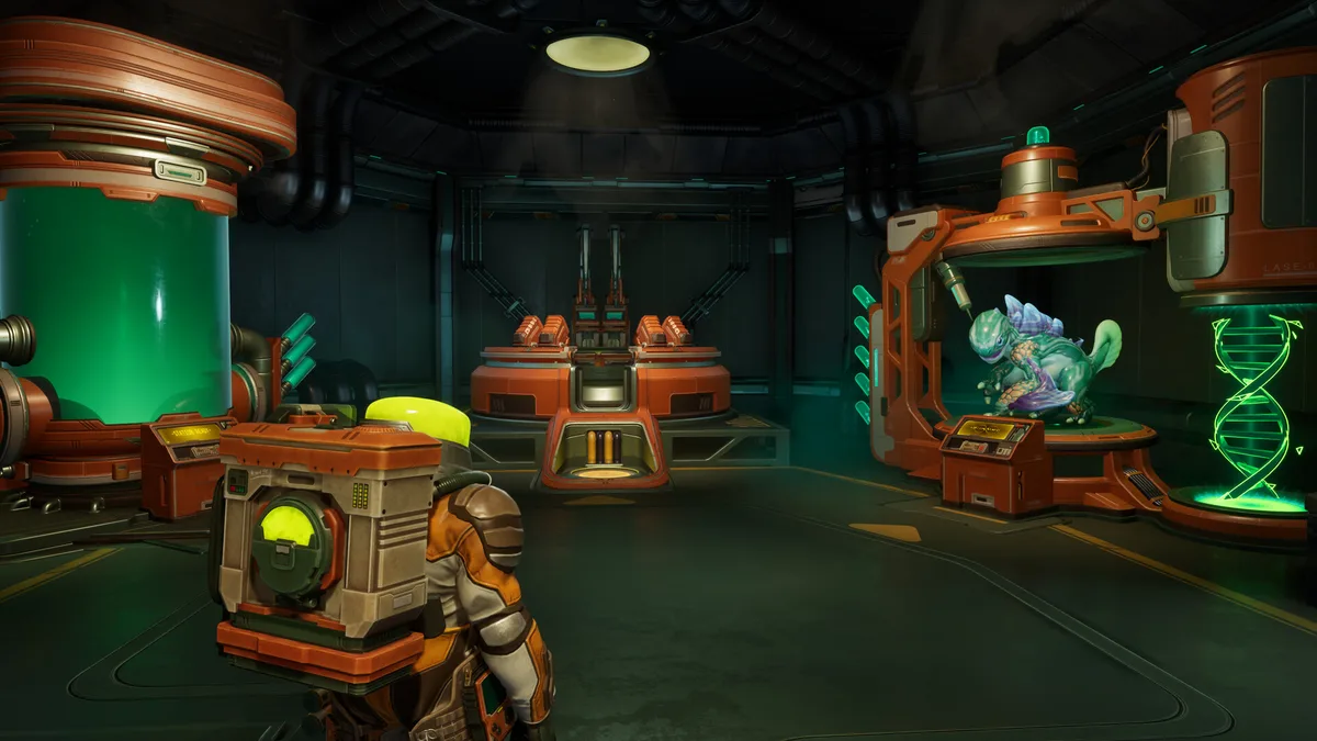Voidling Bound lab interior with crafting stations and a creature inside a gene-splicing chamber flanked by a DNA helix display