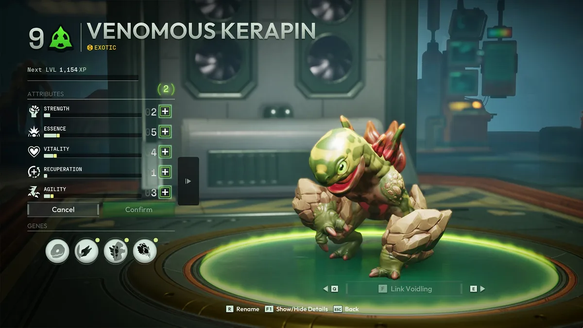Voidling Bound evolution screen for an Exotic creature named Venomous Kerapin, showing Strength, Essence, Vitality, Recuperation, and Agility attributes with a Genes row