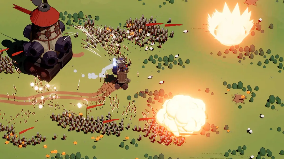 Wanderburg top-down battle scene, a player castle's shell trail cutting through a mass of white-flagged enemy soldiers as two explosions bloom across the field