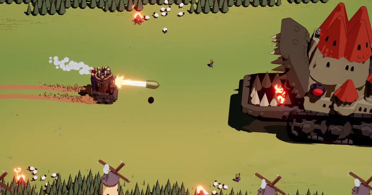 Wanderburg top-down battle between a small player-controlled cannon turret castle firing a shell and a much larger spiked rival castle, with sheep and windmills scattered across the field