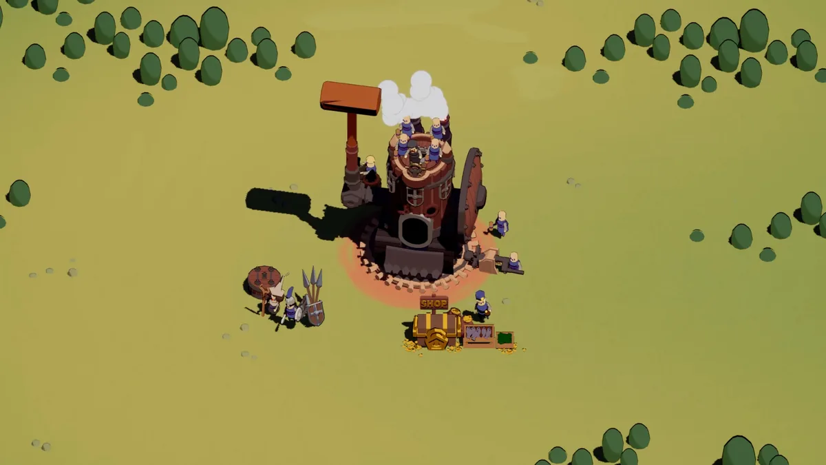 Wanderburg steam-powered castle at rest next to a wooden shop stall selling fish and gold coins, with crew members and a loose shield and spear nearby