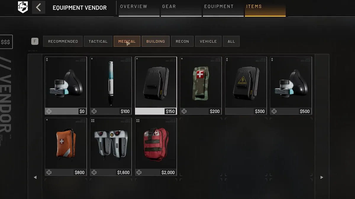 Equipment Vendor menu with category tabs for Recommended, Tactical, Medical, Building, Recon, and Vehicle, showing a grid of medical items priced from $0 to $2,000