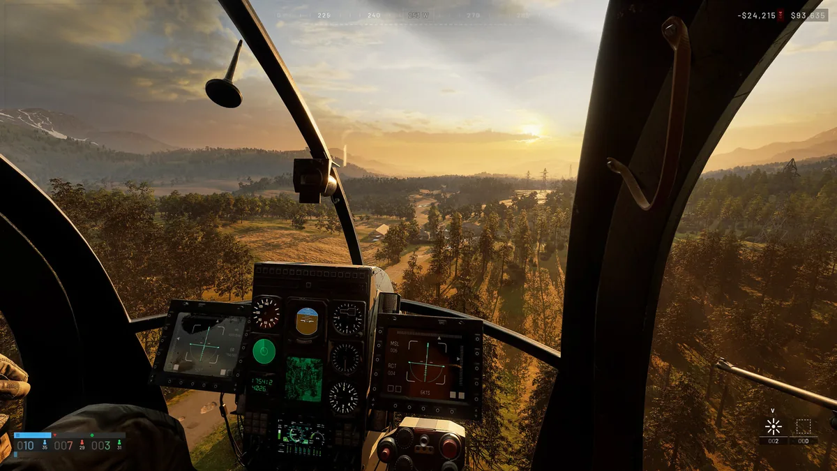 A first-person helicopter cockpit view over a forested valley at sunset, with the in-game HUD showing a loss of -$24,215 and a current balance of $93,635 in the top right corner