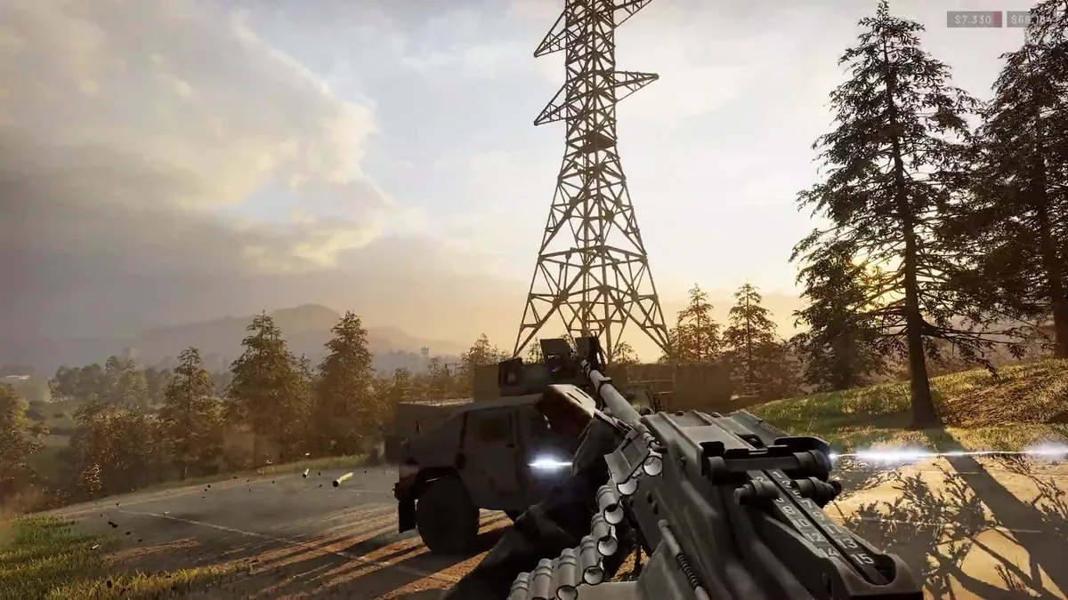 First-person LMG fire streaks toward a parked armed Humvee near a power line tower and pine trees at sunset