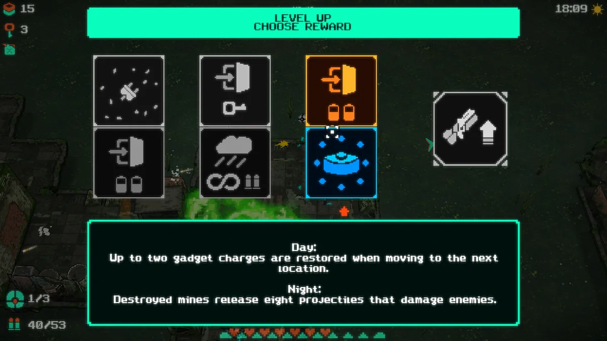 WATERPUNK level-up screen showing a single perk card with separate Day and Night effect text, gadget charge restoration versus mine projectile bursts