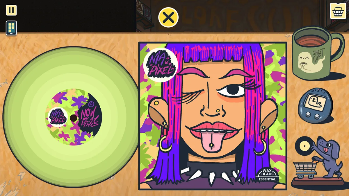 Wax Heads album detail screen showing fictional band artwork, liner notes, and a staff recommendation card