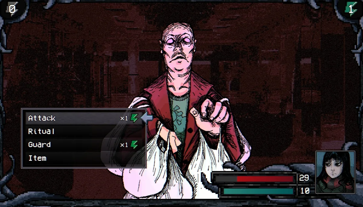 A turn-based combat menu showing Attack, Ritual, Guard, and Item options in front of a pale, unsettling hand-drawn antagonist carrying bags, with a player character portrait and health bar in the corner