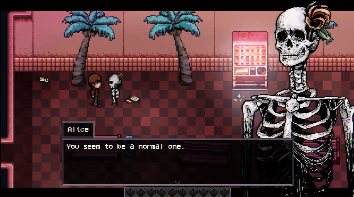 A giant skeletal figure with a rose in its skull talks to a small pixel-art character named Alice near palm trees and a vending machine, with dialogue reading You seem to be a normal one