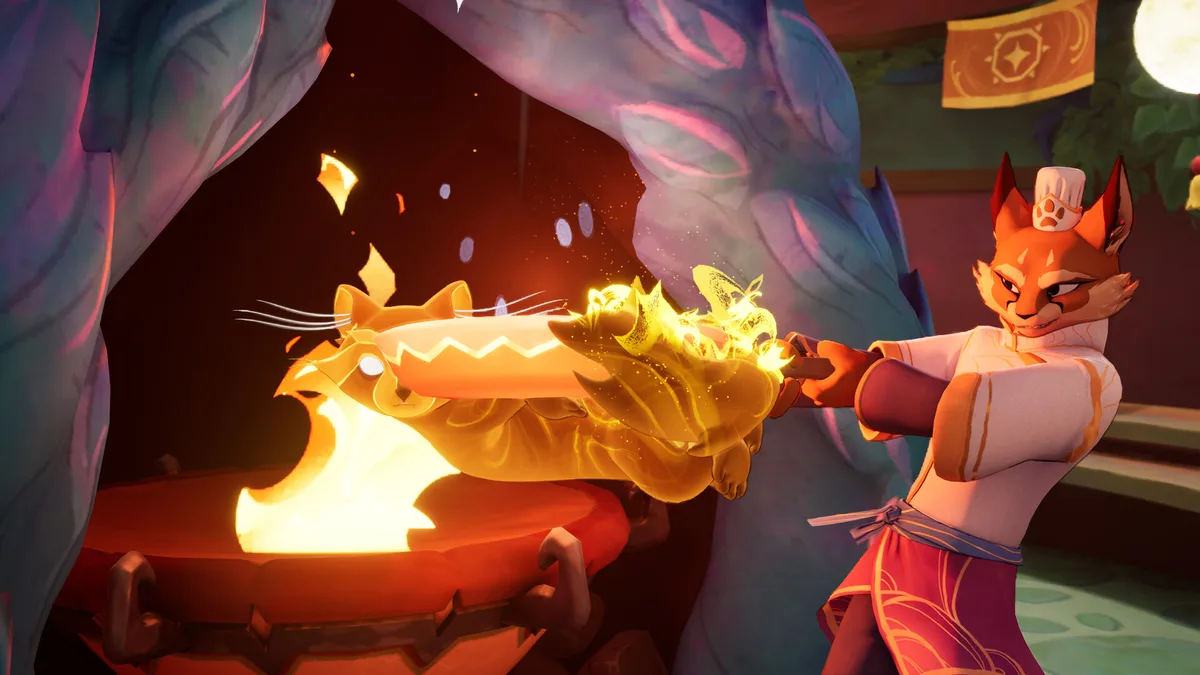 Beastro's fox chef flambeing a dish over an open flame in a fantasy kitchen