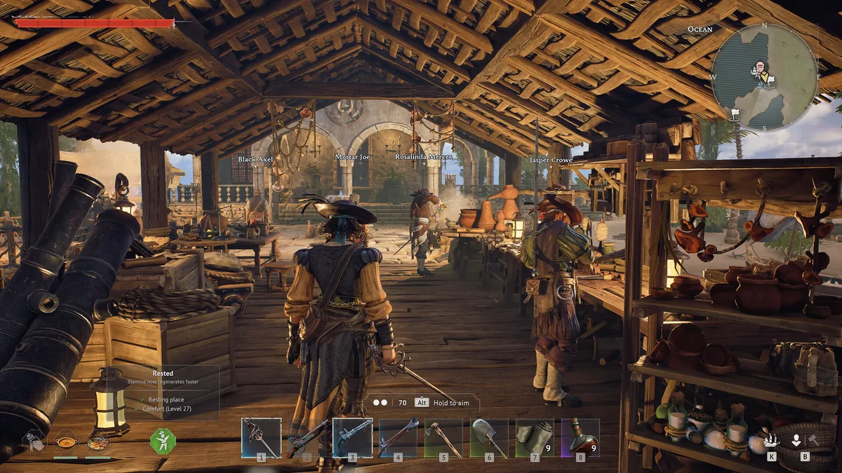 Windrose character at a covered pirate market vendor stall examining craftable goods, cannons on display along the left wall
