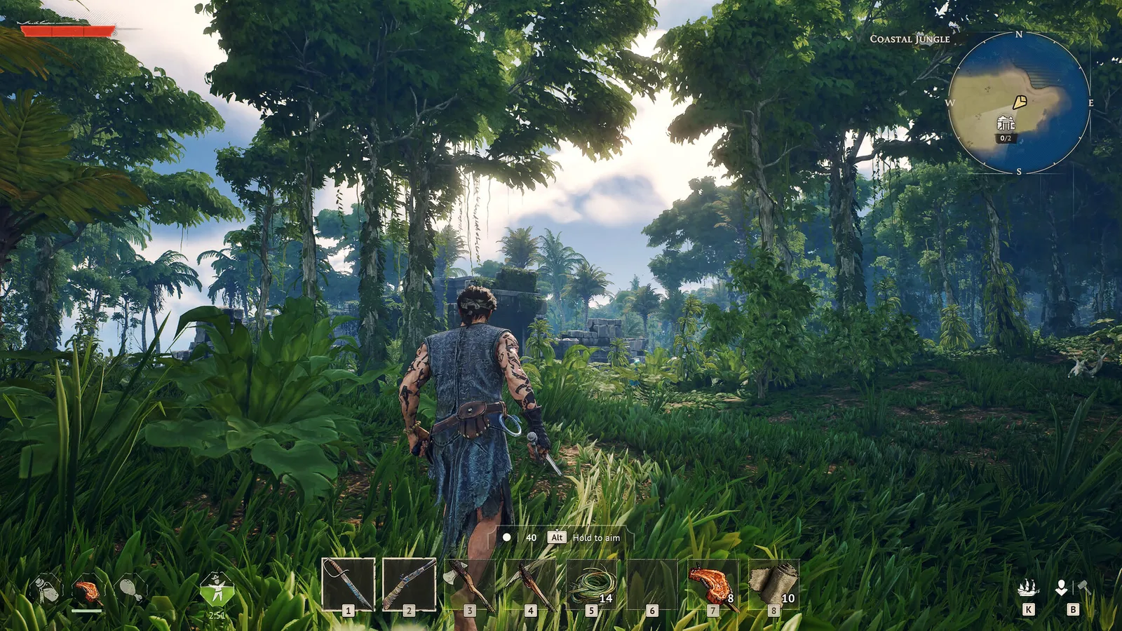 Windrose player walking through Coastal Jungle toward stone ruins with the survival HUD visible