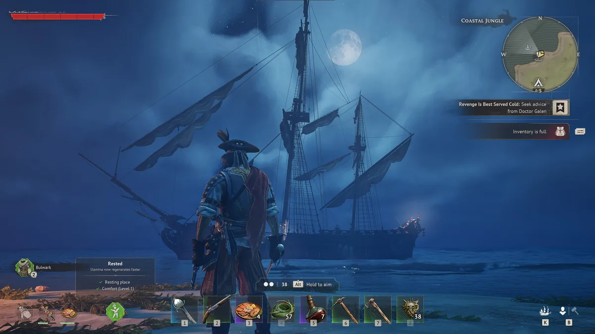 Windrose pirate captain on moonlit shore looking at a tall ship silhouetted against the night sky in the Coastal Jungle