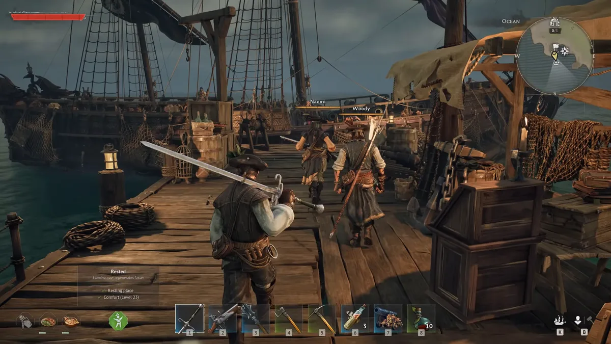 Windrose player walking a harbor dock with a two-handed sword on his shoulder, behind crewmates Naomi and Woody, one of them carrying a halberd on his back