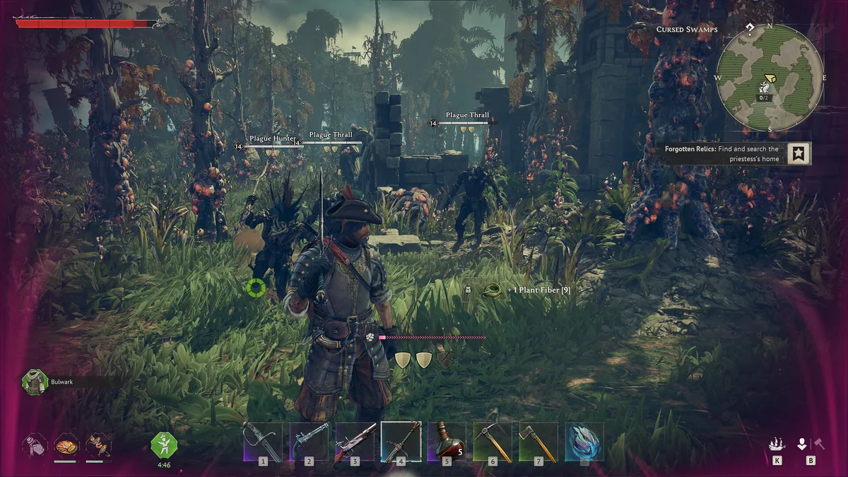 Windrose player in a tricorn facing a level 14 Plague Hunter and two Plague Thralls among ruined stone walls in the Cursed Swamps, weapon hotbar below