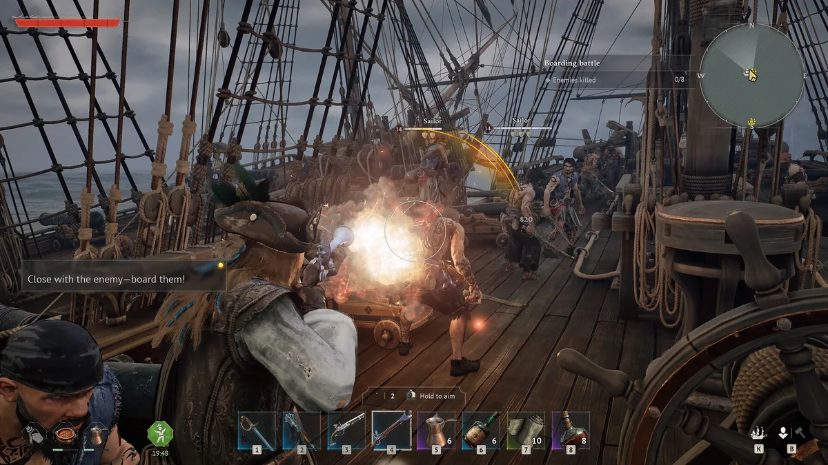 Windrose deflect parry animation with mana bar refilling after successful block against a Swamps skeleton enemy
