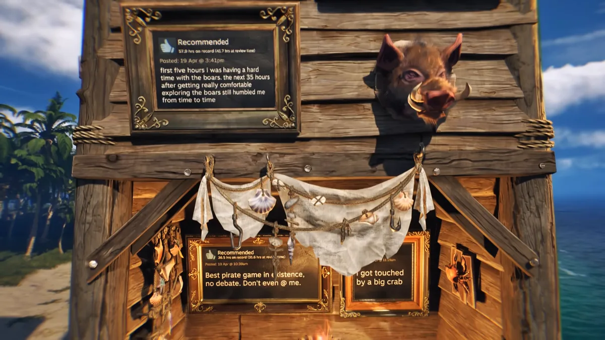 A boar head trophy and shell garlands on a wooden wall in the Windrose Thank You trailer, next to framed Steam reviews