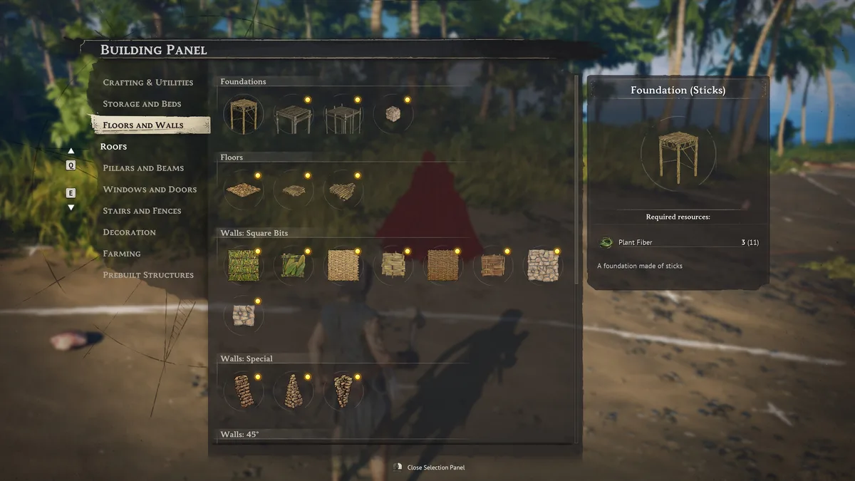 Windrose building panel open on the Decoration tab showing chair, rug, wall hanging, and flooring options with resource costs listed