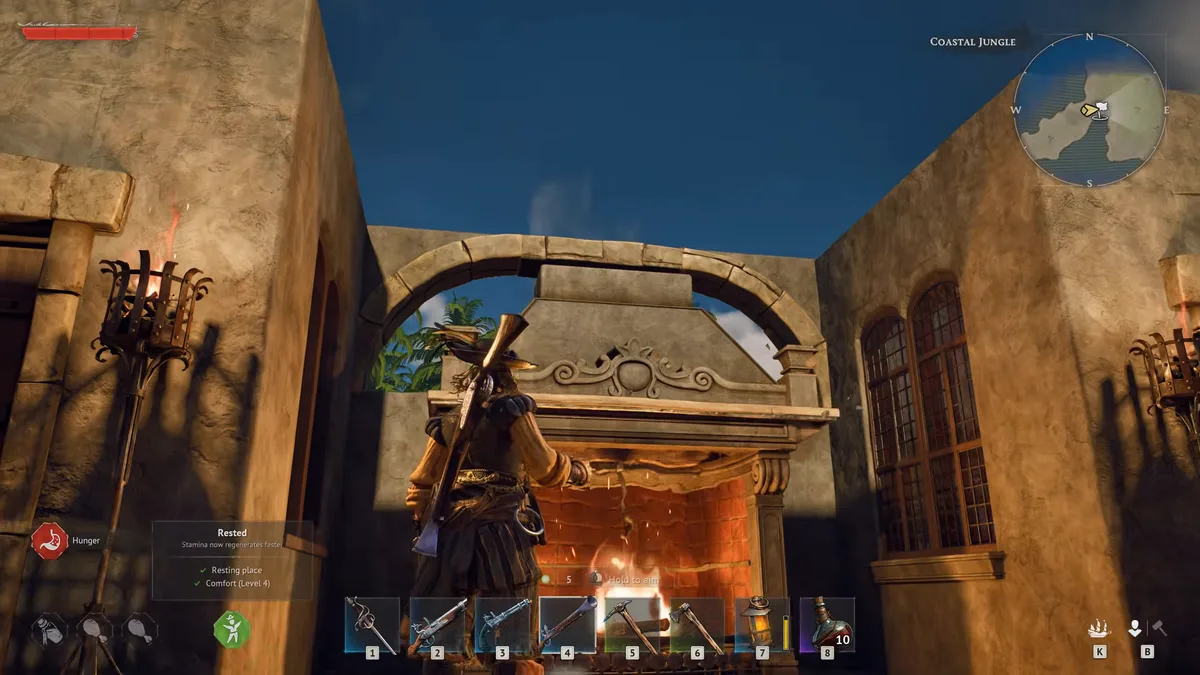 Windrose Rested tooltip reading Stamina now regenerates faster, with Resting place and Comfort (Level 4) ticked, beside a lit fireplace