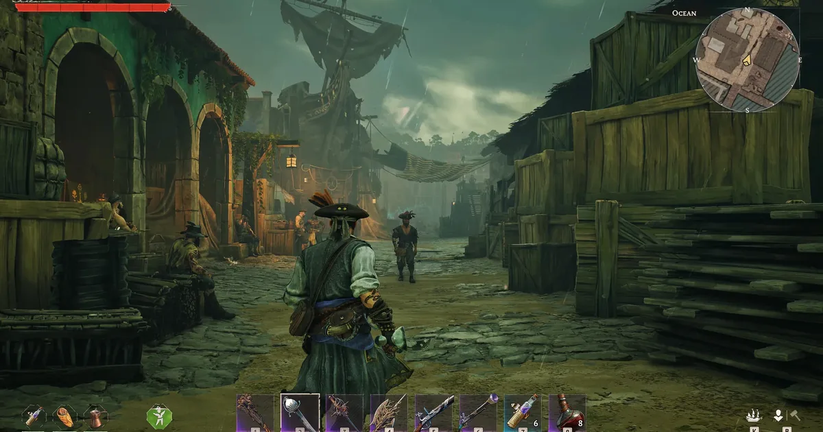 Windrose Cursed Swamps — player navigating dark swamp terrain past Plague Thralls and Drowners near a fog-covered ruin