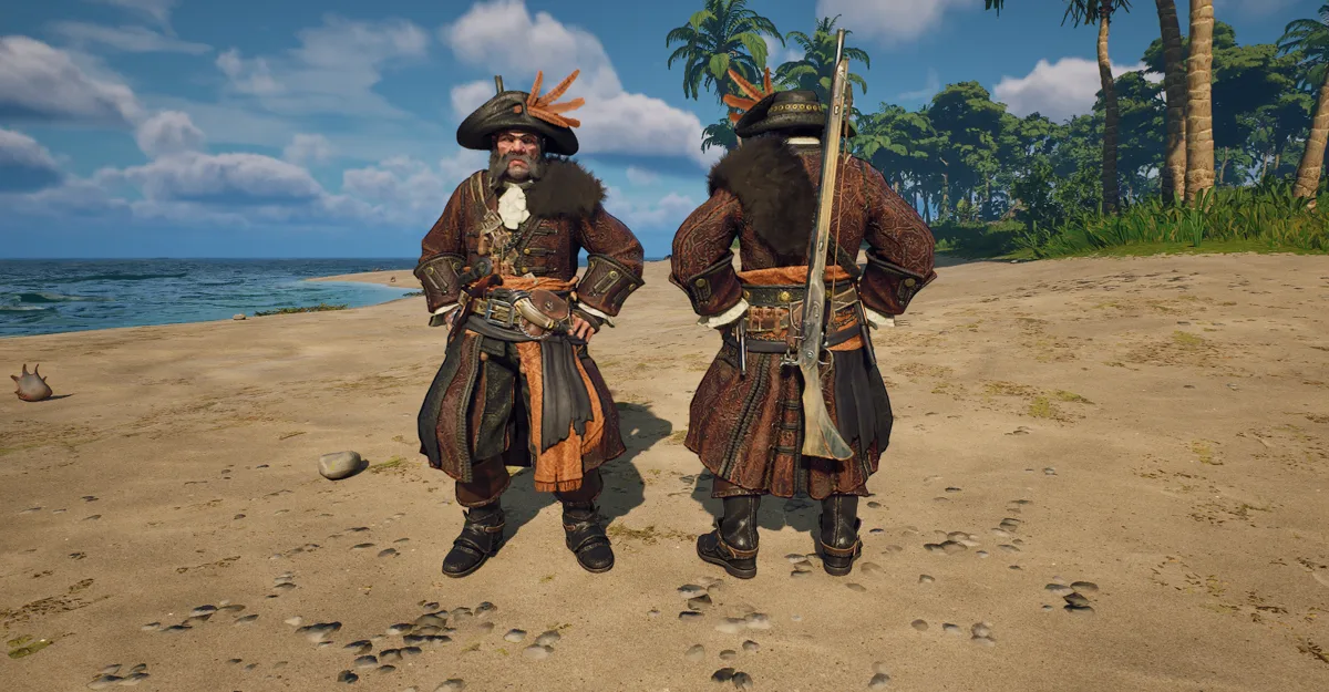 Windrose Buccaneer faction characters, front and back views, in long brown coats and plumed tricorn hats on a sandy beach