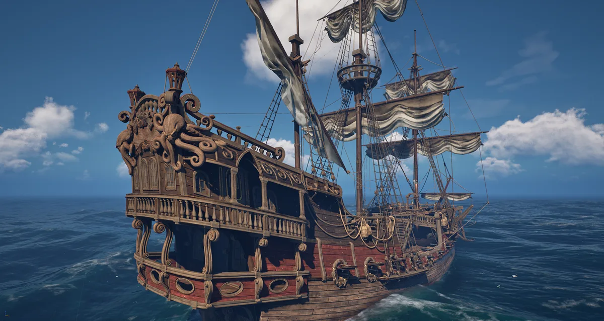 A Windrose Galleon with ornate carved stern galleries and furled sails on open blue water