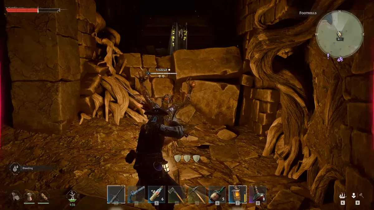 A pirate in a dark Foothills ruin lined with twisted roots and carved stone, an Undead enemy ahead and a Bleeding status on screen