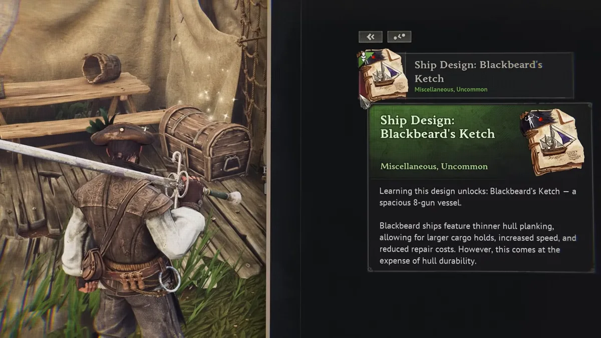 A Ship Design: Blackbeard's Ketch paper with its in-game tooltip, next to a pirate opening a chest on a wooden deck