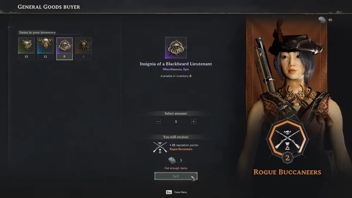 Windrose General Goods Buyer screen offering reputation points with the Rogue Buccaneers for a Blackbeard Lieutenant insignia, rank badge 2
