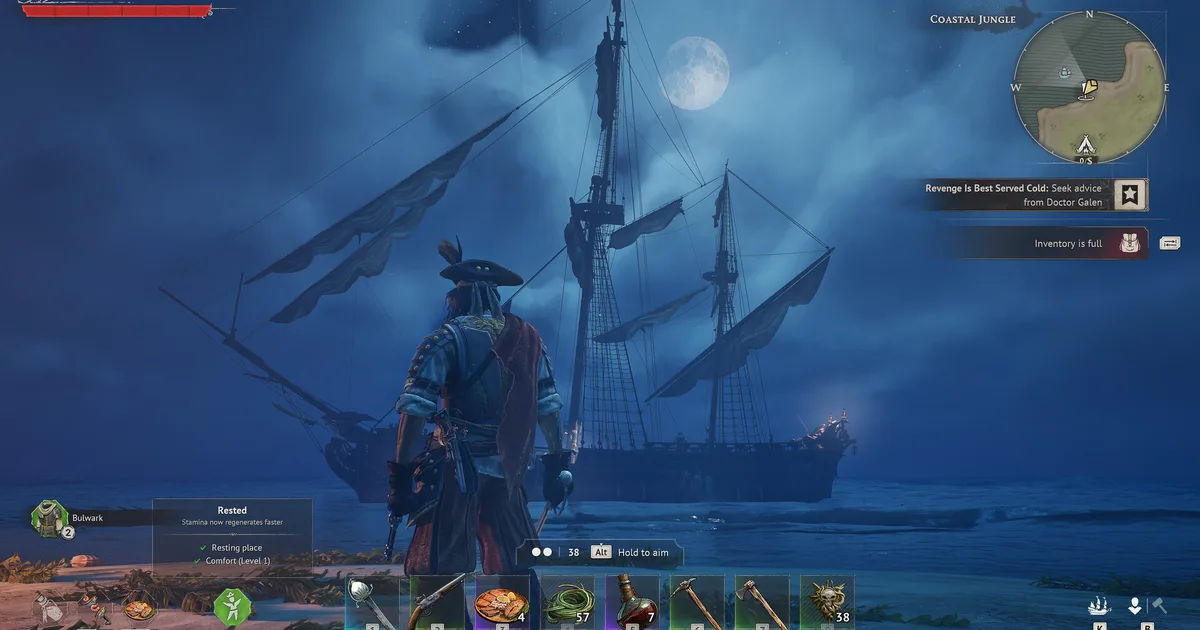 Windrose character in Iron-tier armor standing on a Foothills hillside overlooking a pirate camp with wooden palisades and canvas tents
