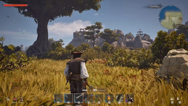Windrose Foothills exploration — player character approaching an iron ore cave with Blackbeard pirate camp visible on the hillside