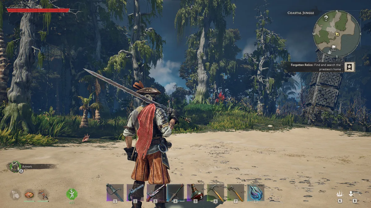 Windrose Forgotten Relics quest marker reading find and search the priestess's home, the player overlooking a swampy ruin with a tall stone tower