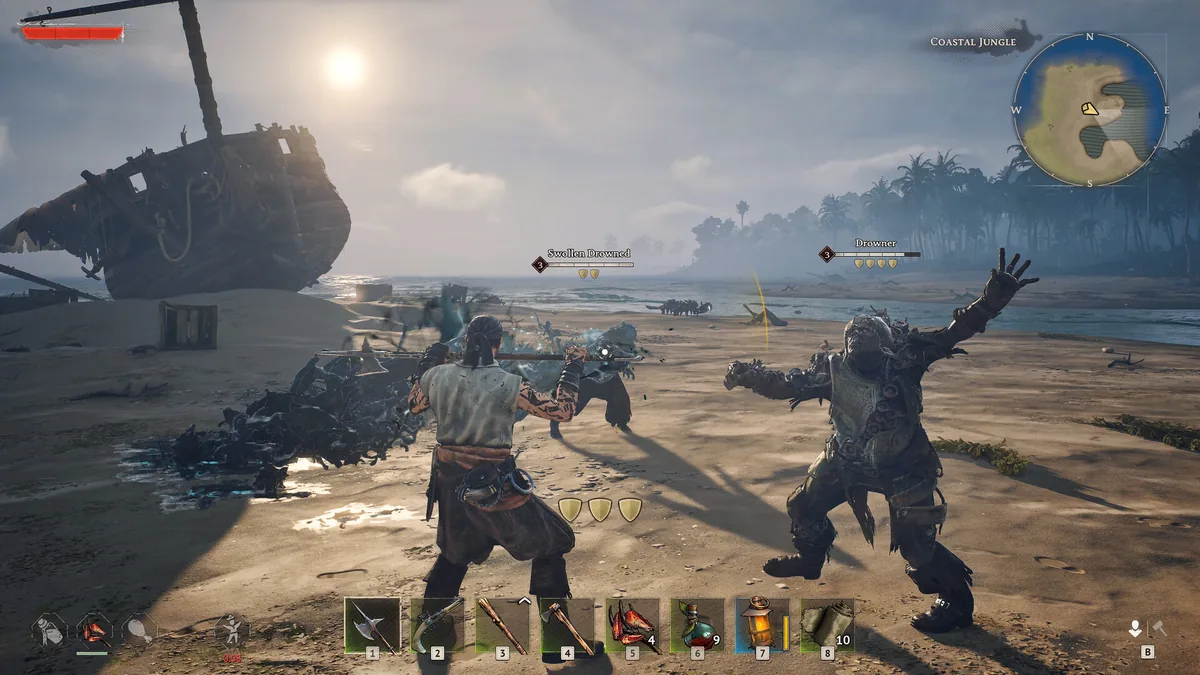 Windrose player facing multiple enemies at once in combat, the kind of add pressure the High Priestess applies when her spawned minions are left to stack