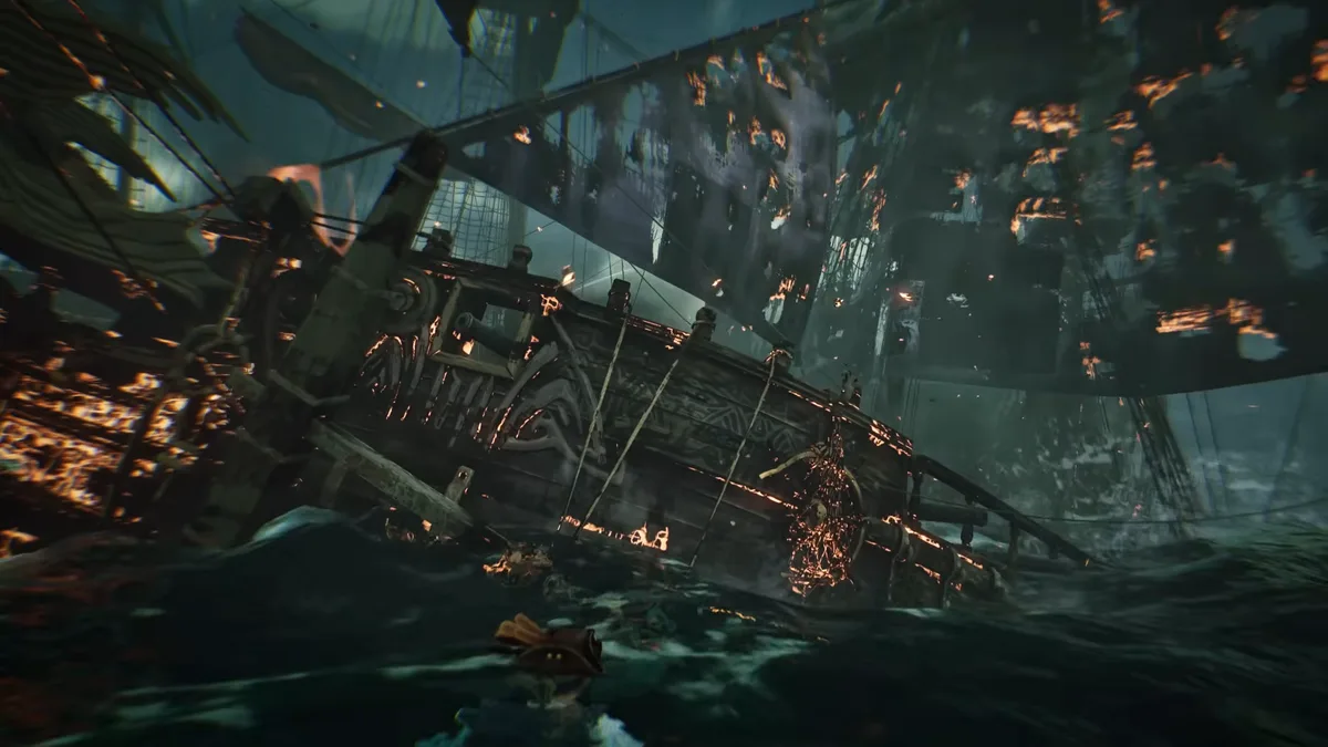 A ship wreck lying in dark swamp water under corrupted trees in Windrose