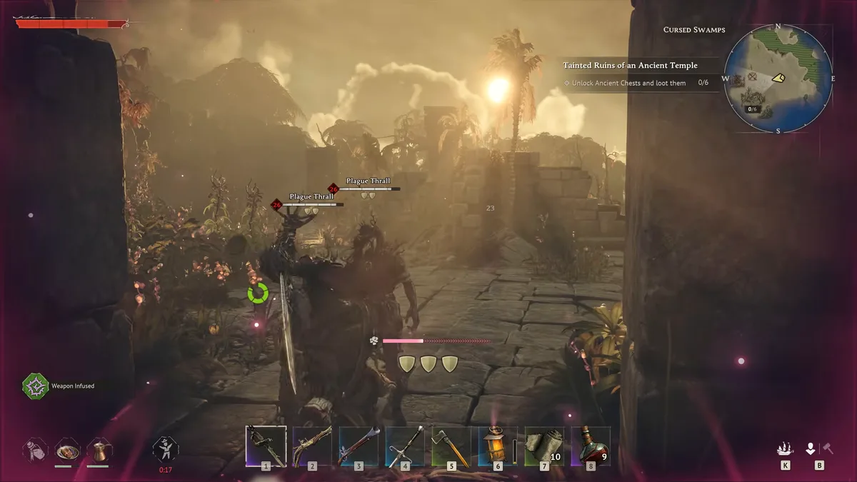 Windrose fight against two Plague Thralls in the Cursed Swamps at the Tainted Ruins of an Ancient Temple, the sun low behind ruined walls