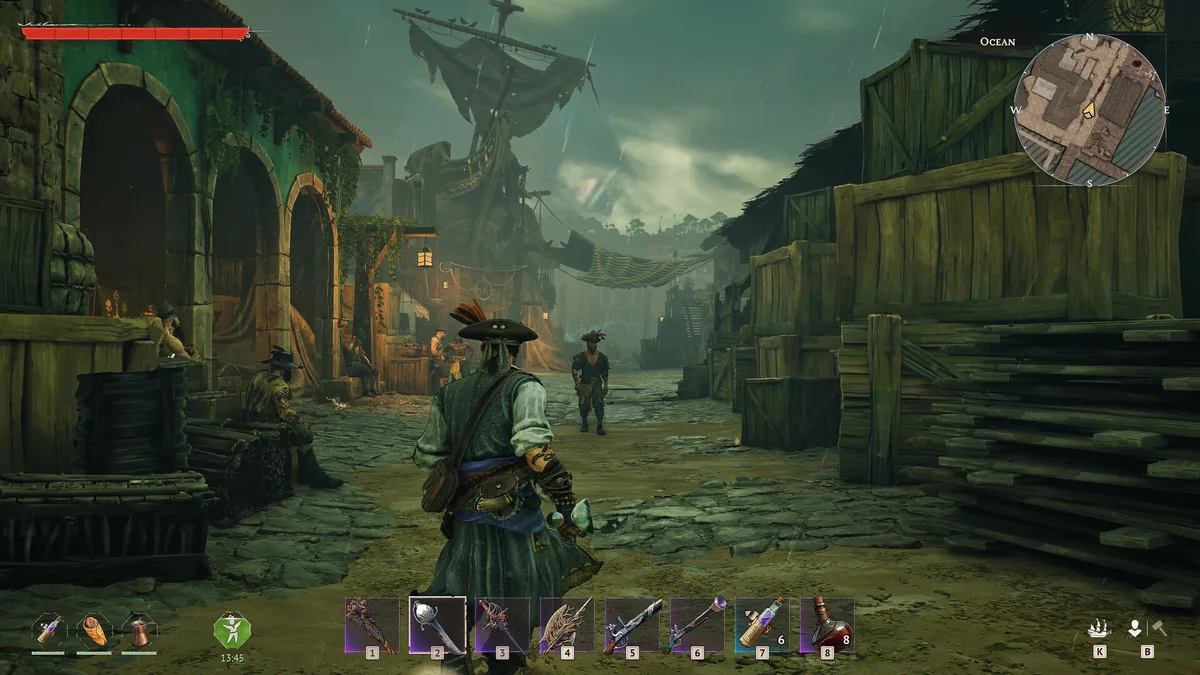 Windrose third-person melee combat in a ruined coastal settlement, the player with a weapon drawn and an enemy ahead, health bar and weapon hotbar visible