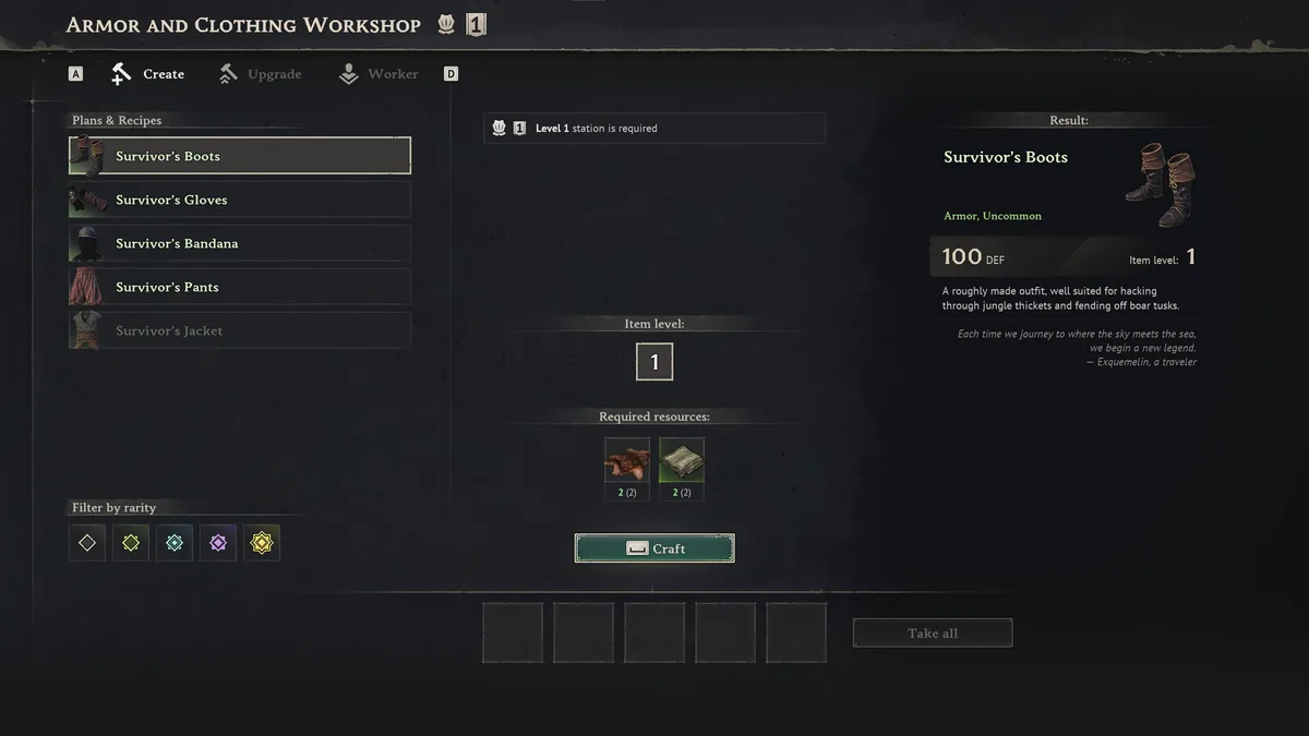 Windrose Armor and Clothing Workshop crafting screen showing Survivor's Boots and other armor pieces with required resources and defense values