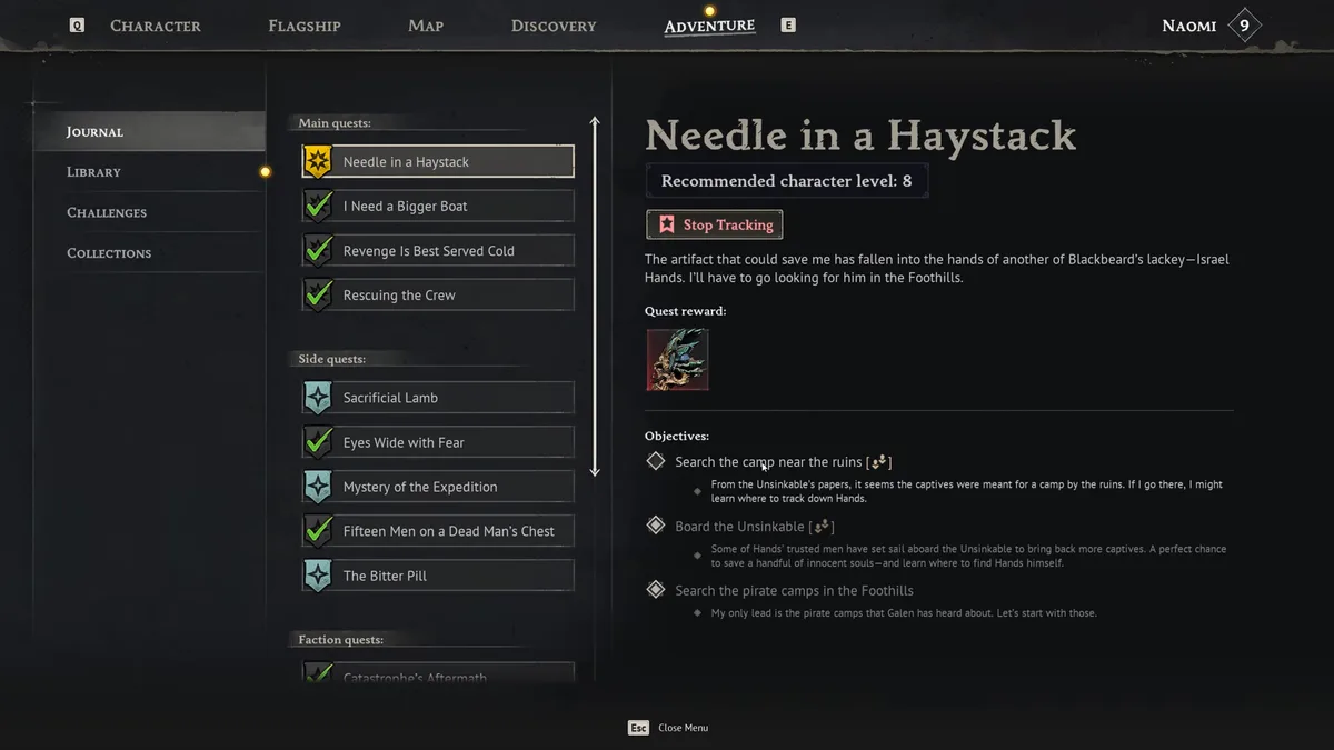 Windrose Adventure Journal open on Needle in a Haystack, recommended character level 8, with the objectives Search the pirate camps in the Foothills, Board the Unsinkable and Search the camp near the ruins
