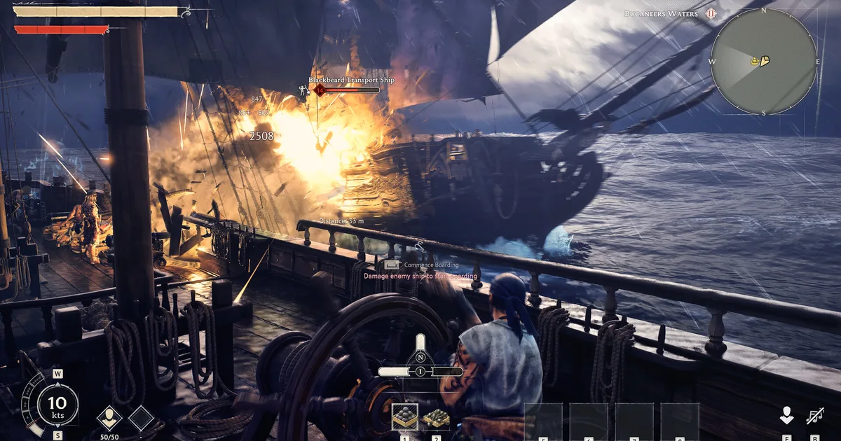Windrose Blackbeard Transport Ship under cannon fire during a broadside exchange, 2508 damage visible, Commence Boarding prompt on screen