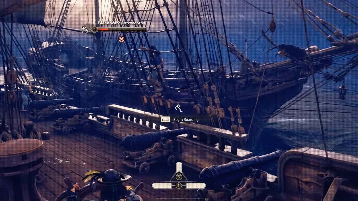 First-person view from a Windrose ship deck lined with cannons, pulled alongside an enemy ship with a Begin Boarding prompt