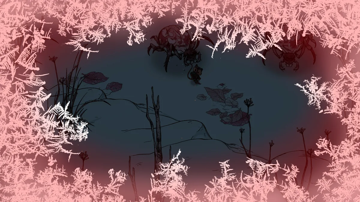 Two large spider creatures looming over the mouse protagonist in a dark clearing rimmed with frost crystals, the kind of encounter that counts toward the Pest Control achievement