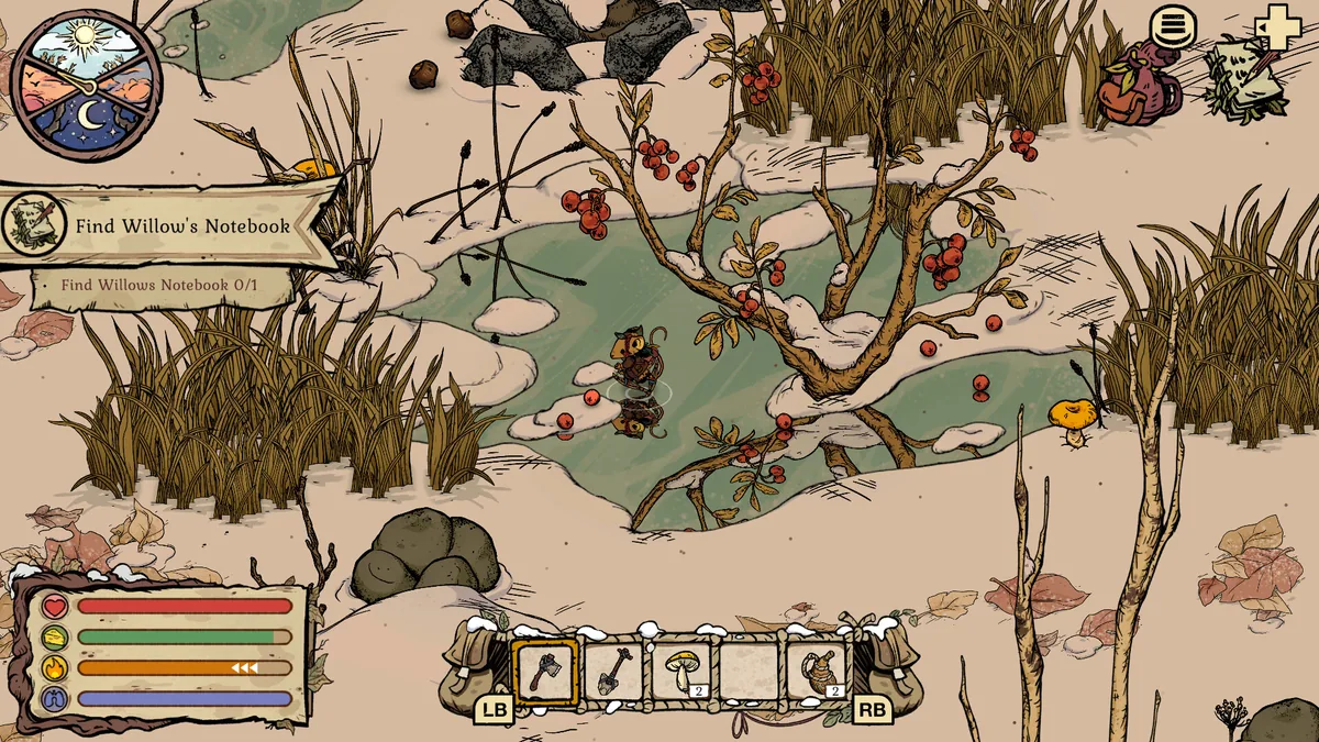 The mouse standing in a snowy pond edged with a red-berried shrub, with the "Find Willow's Notebook" quest banner visible in the HUD